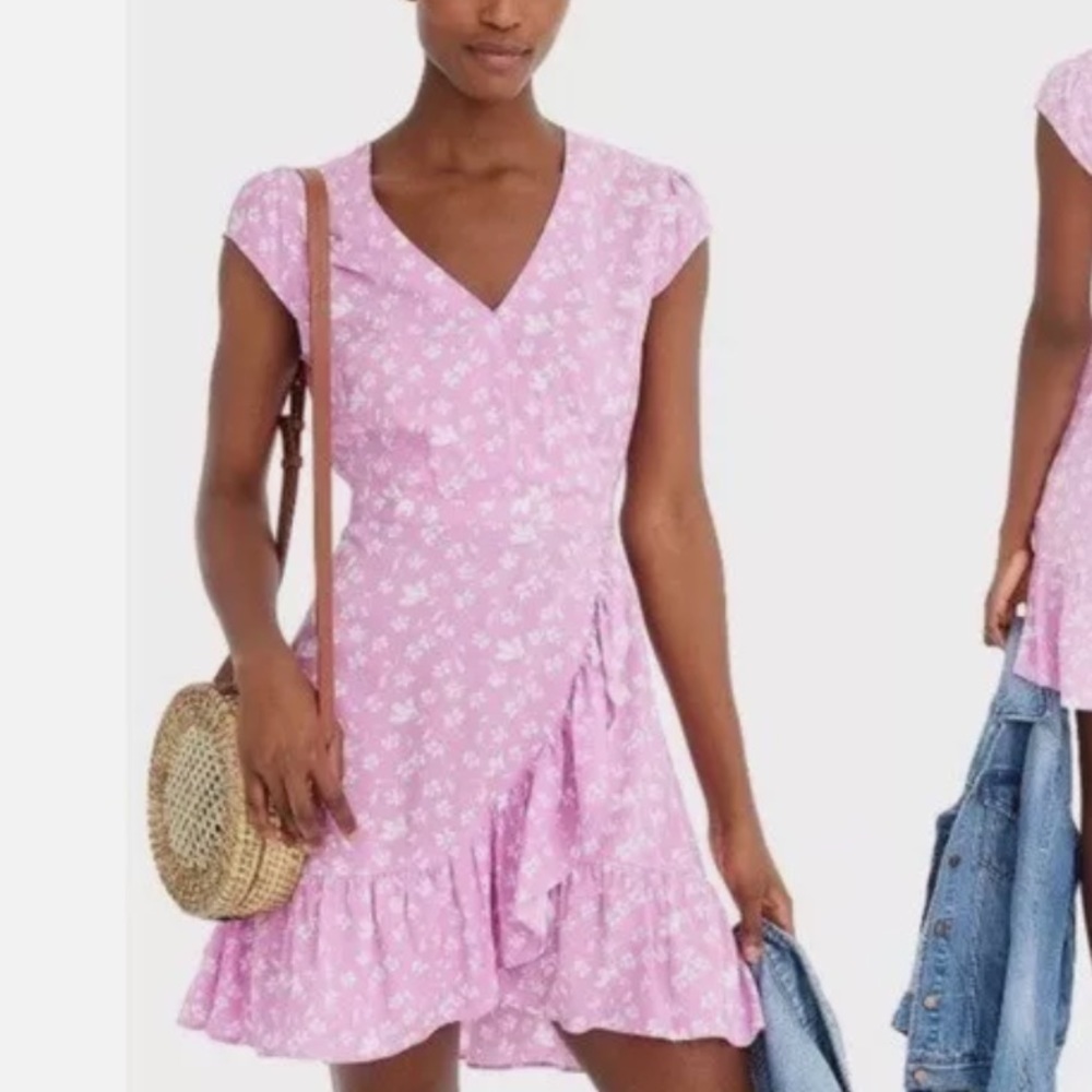 J. Crew Purple Floral Faux Wrap Ruffle Dress